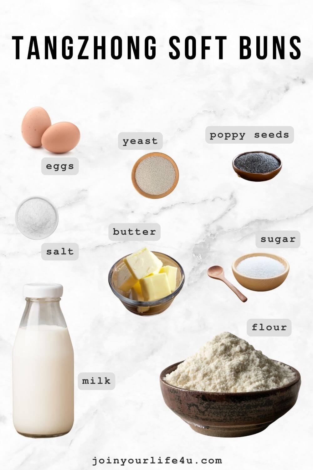 Ingredients for soft burger buns: milk, bread flour, yeast, sugar, salt, butter, tangzhong mixture, egg, and poppy seeds.