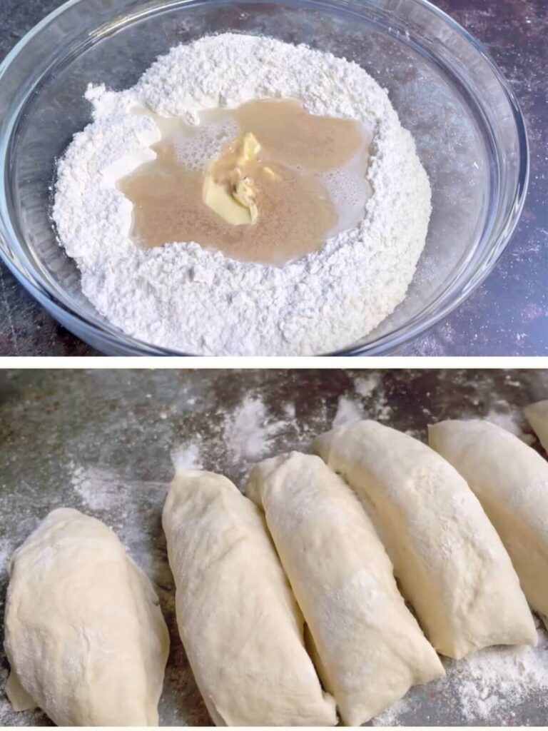 Dough mixture in a glass bowl, then being portioned for Turkish pide pizza.