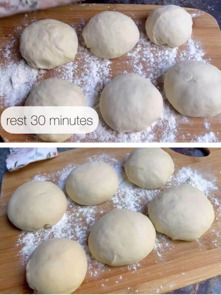 Dough balls on a wooden board left to rise, then fully risen and ready to shape.