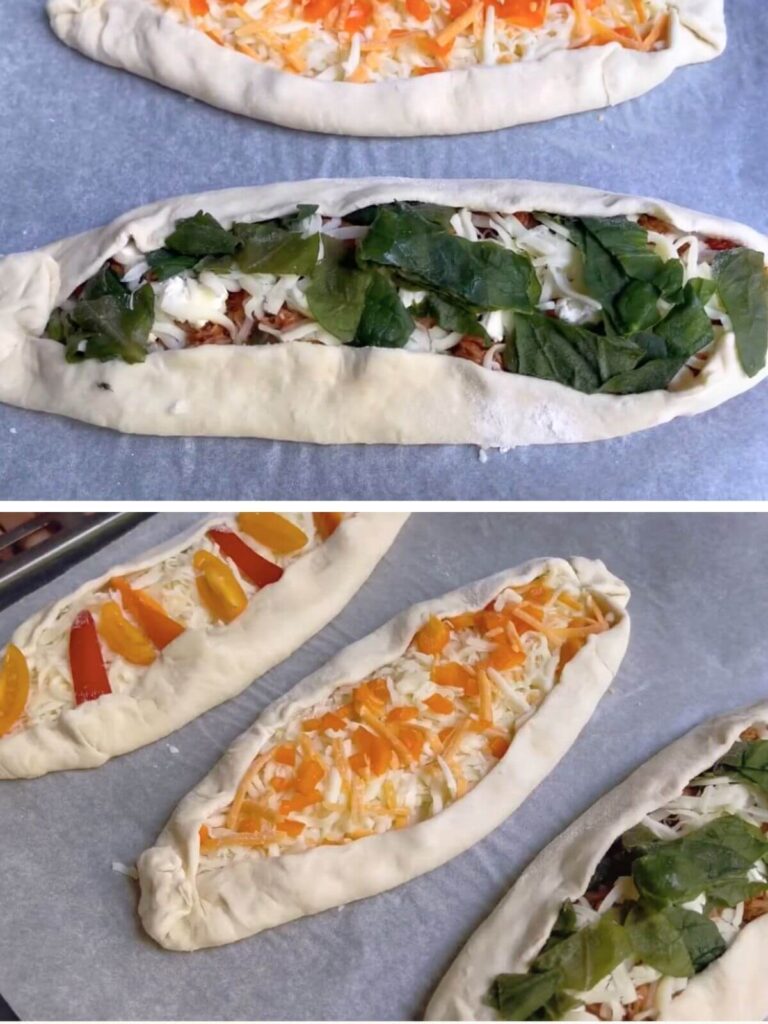 Turkish pide with meat filling and spinach in one image, and a mix of cheeses in another.