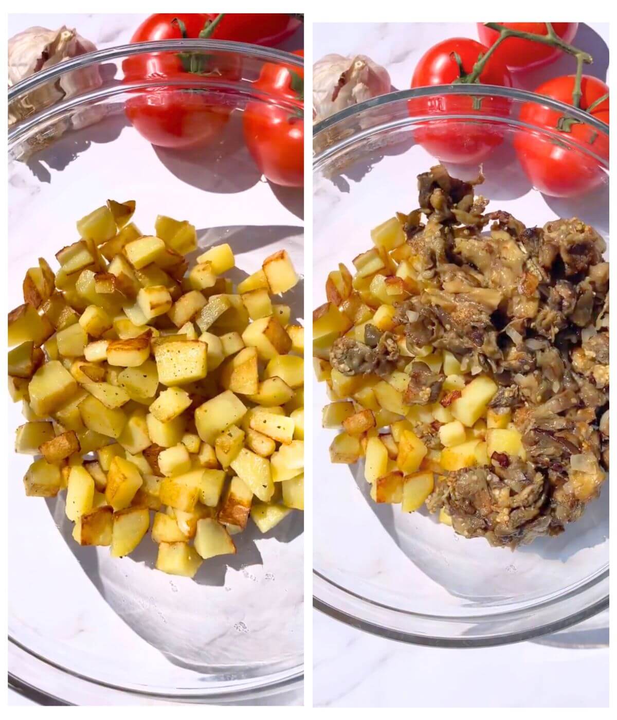 Şakşuka preparation: fried diced potatoes in a glass bowl, topped with fried eggplant in a collage.