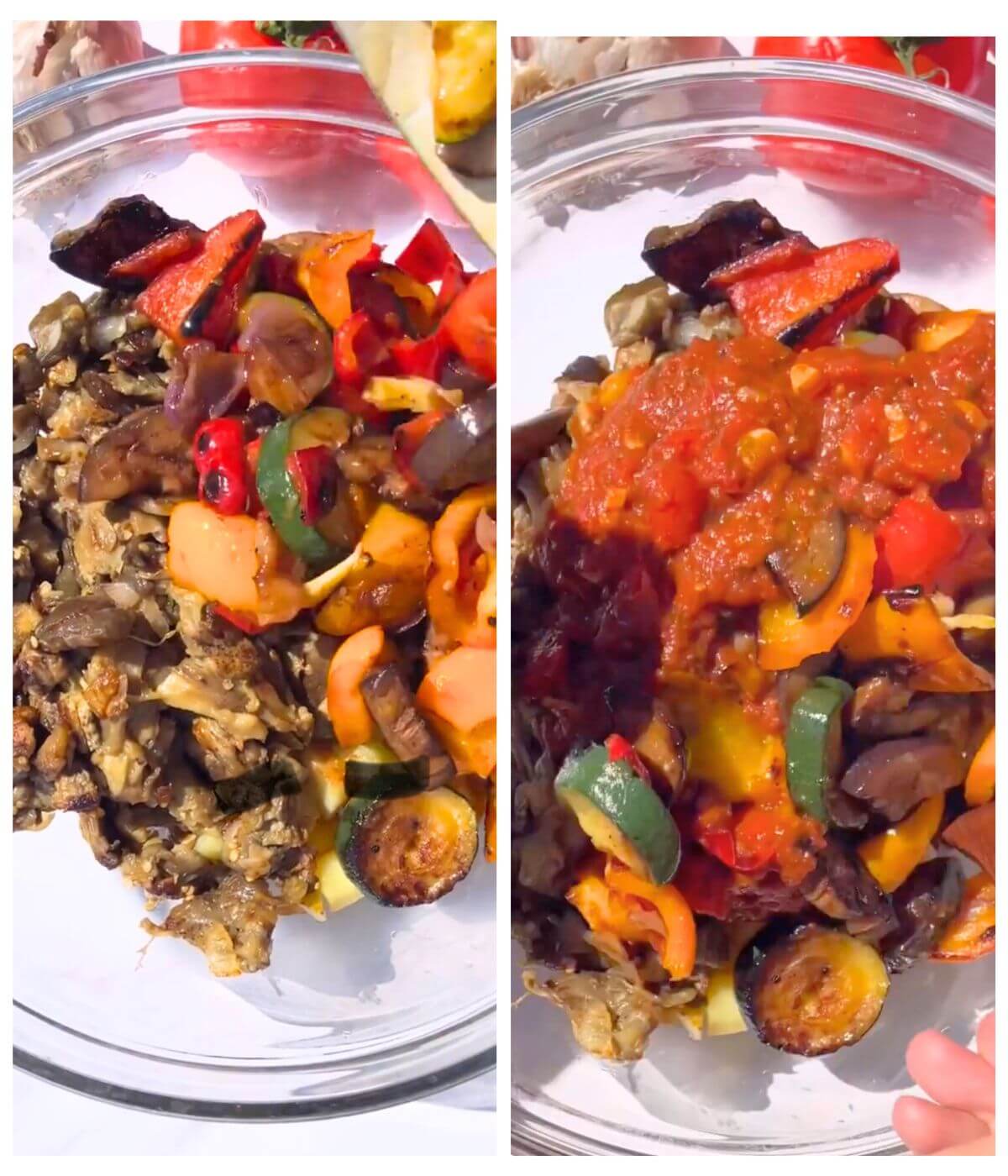 Şakşuka preparation: grilled veggies added to fried potatoes and eggplant, then topped with tomato sauce.