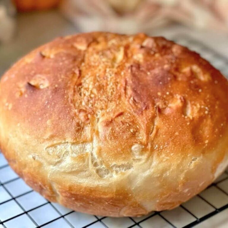 baked no-knead bread on a cooling rack