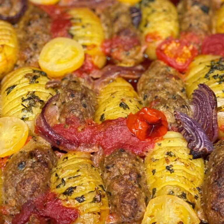 Tray of Turkish meatballs and Hasselback potatoes.