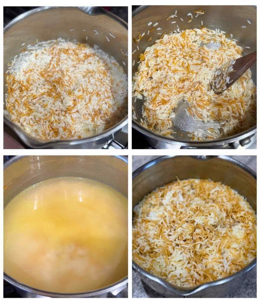 Preparation steps to make Lebanese rice with vermicelli.