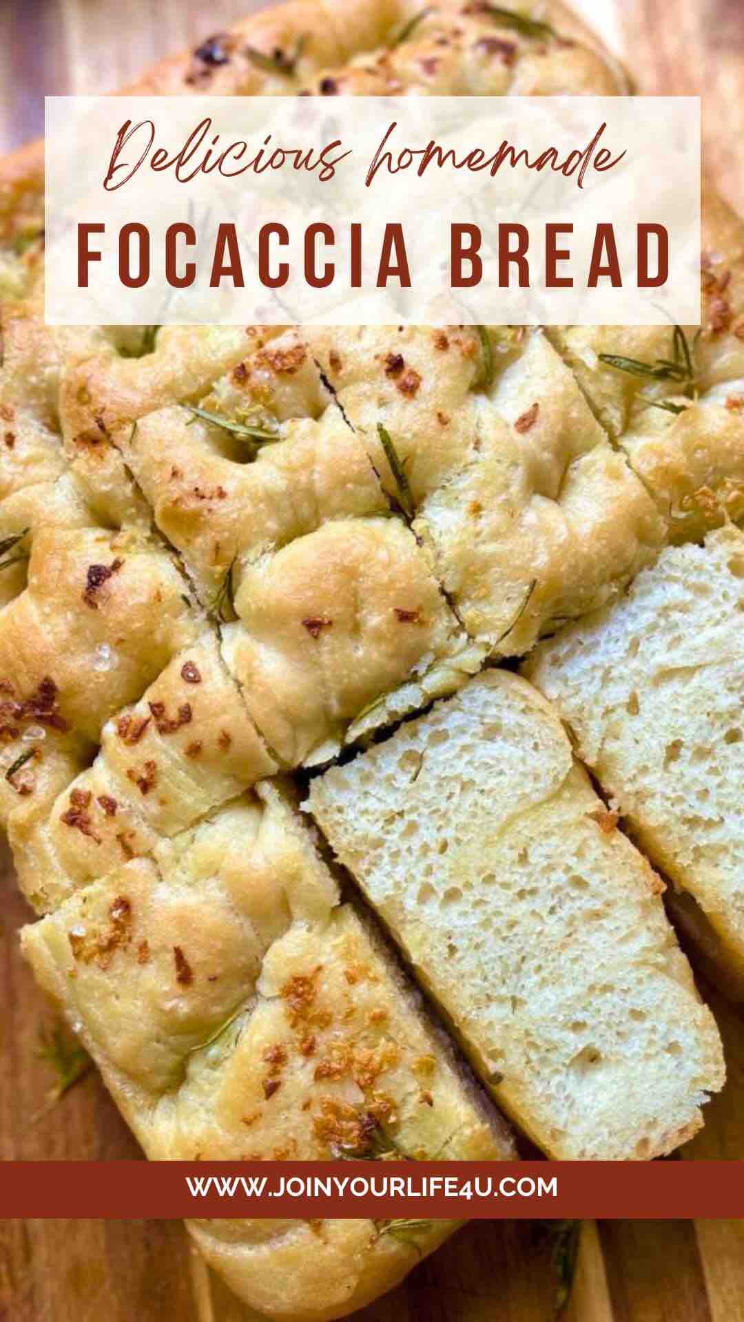 Sliced Italian focaccia bread on a wooden chopping board, showcasing its crispy crust and soft, airy interior, drizzled with olive oil and sprinkled with rosemary and sea salt