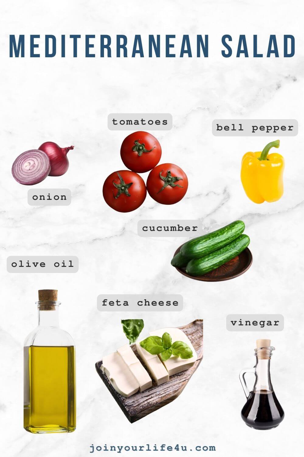 Ingredients for Mediterranean salad: fresh cherry tomatoes (red or mixed), diced medium red onion, chopped bell pepper, sliced cucumber, white wine or balsamic vinegar, extra virgin olive oil and cubed feta cheese. 