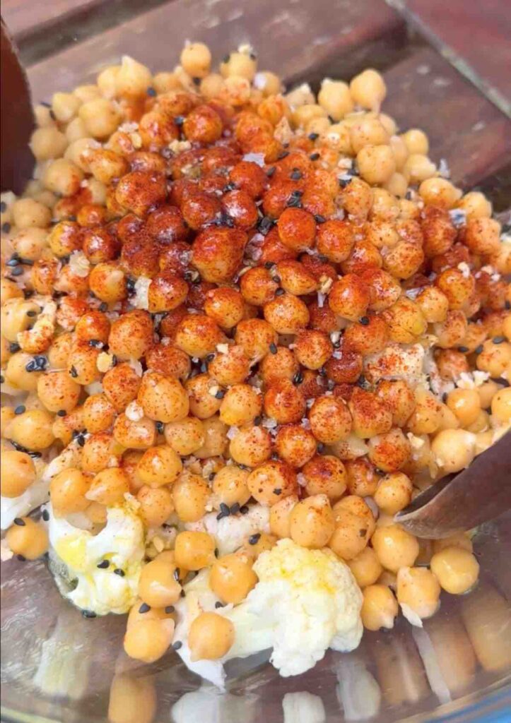 Oven Roasted Cauliflower and Chickpeas with Hummus.