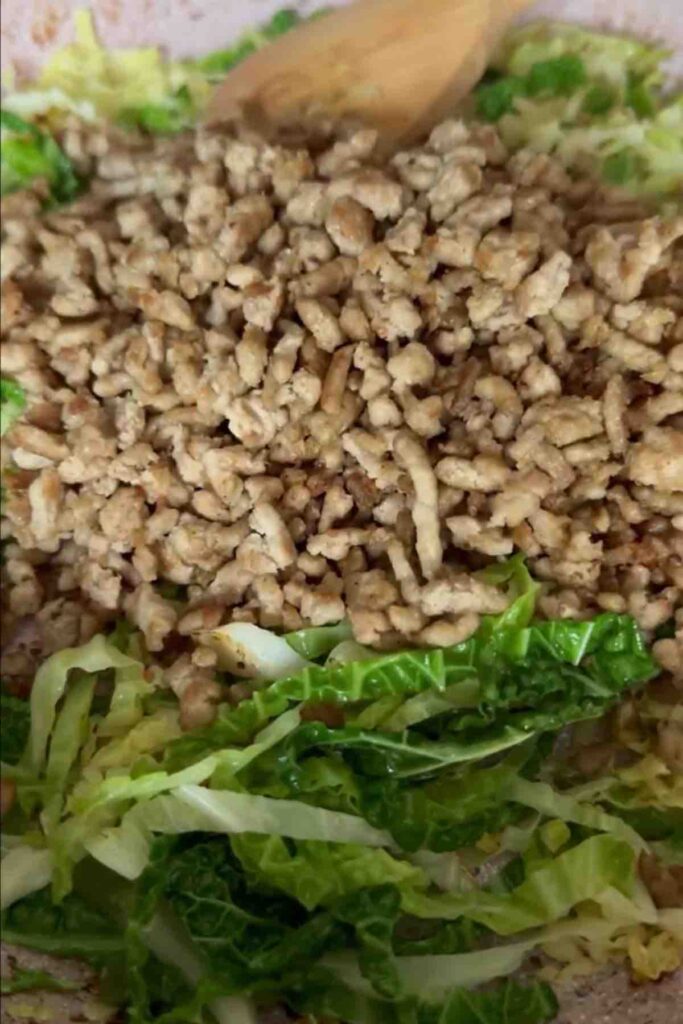 Cooked browned turkey mince in a pan, with noodles and sauce added, now including caramelized turkey mince and stir-fried cabbage being mixed together.