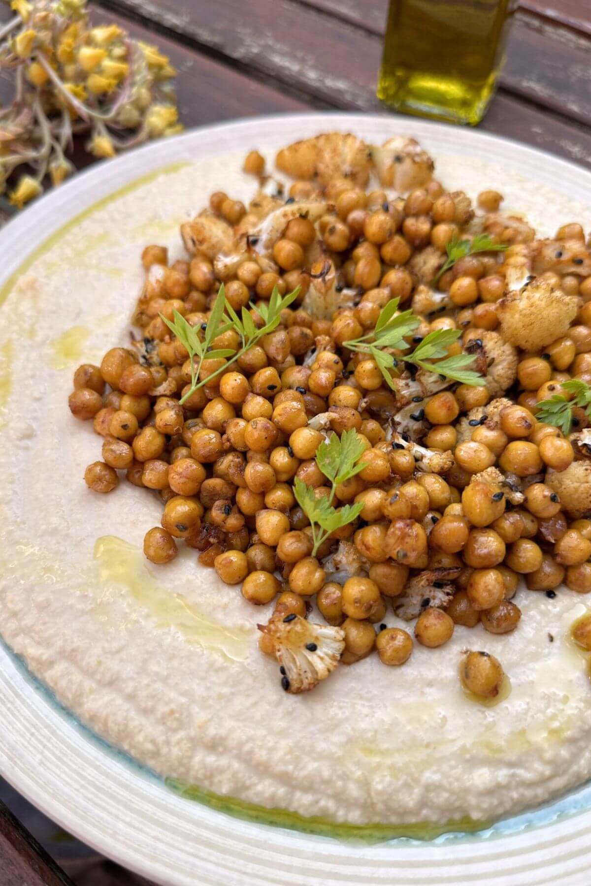 Spiced Roasted Cauliflower and Chickpeas and Creamy Hummus