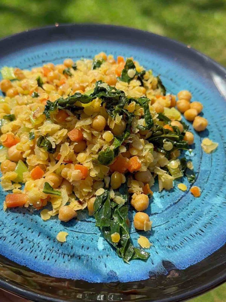 Vegetarian Mediterranean Bowl: A plate filled with sautéed onions, diced celery, cubed carrots, chopped garlic, chickpeas, kale, cooked lentils, and a hint of cumin, seasoned with salt and pepper. Served with a dollop of Greek yogurt or kefir for a creamy finish.