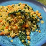 Vegetarian Mediterranean Bowl: A plate filled with sautéed onions, diced celery, cubed carrots, chopped garlic, chickpeas, kale, cooked lentils, and a hint of cumin, seasoned with salt and pepper. Served with a dollop of Greek yogurt or kefir for a creamy finish.