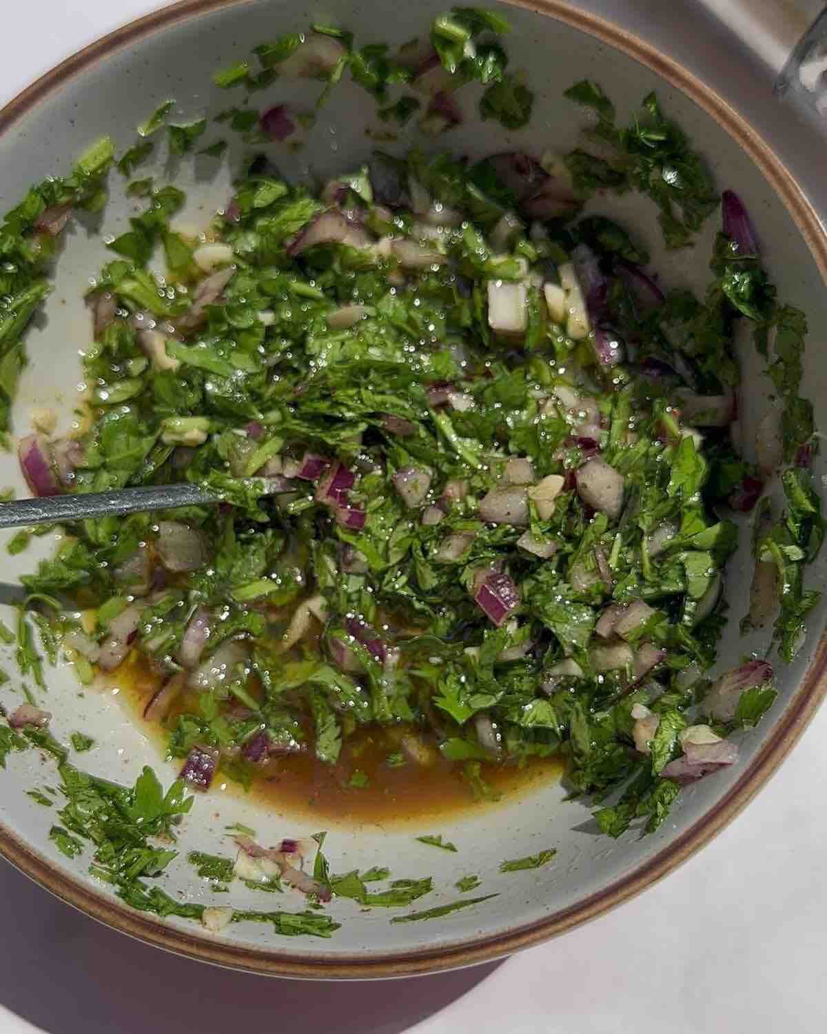 Chimichurri sauce in a bowl, featuring finely chopped red onion, fresh parsley, fresh coriander, grated garlic, red wine vinegar, olive oil, diced chili pepper, and seasoned with salt and pepper.