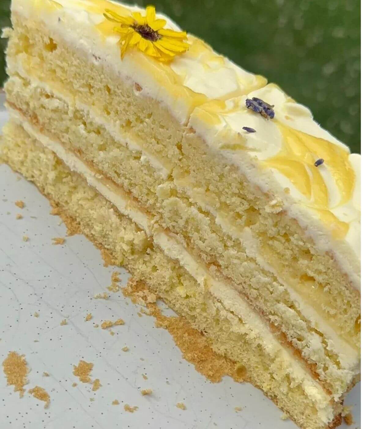 A slice of homemade lemon drizzle cake topped with creamy lemon curd and a smooth cheese frosting.