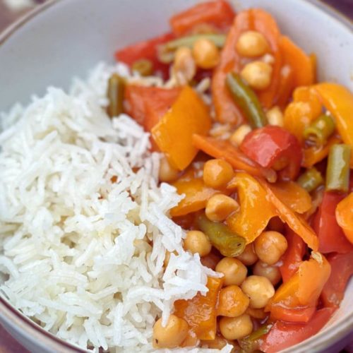 Bowl of Sweet and Sour Vegetable Stir Fry with rice