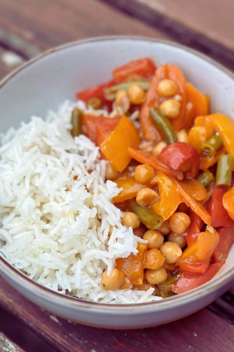 Bowl of Sweet and Sour Vegetable Stir Fry with rice