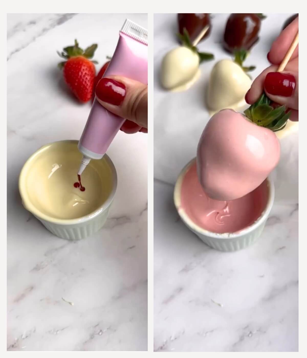 Collage of two images: the first shows red food coloring being mixed into melted white chocolate to create pink chocolate sauce, and the second features a fresh strawberry dipped in the pink chocolate sauc