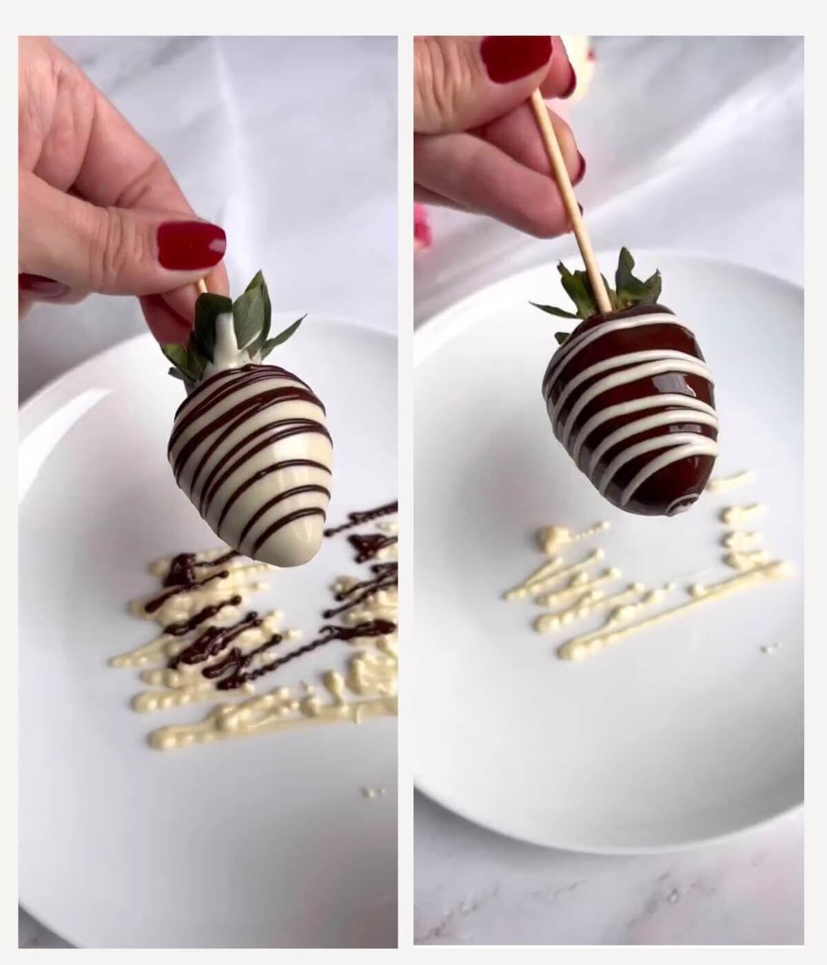 Collage of two images: the first image shows a strawberry coated in white chocolate with dark chocolate stripes, and the second image features a fresh strawberry dipped in dark chocolate with white chocolate stripes.