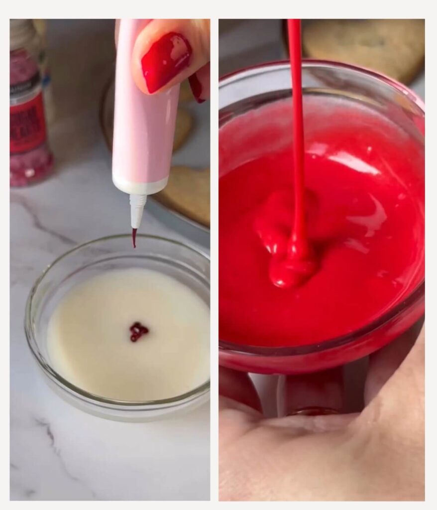 A two-picture collage showing the process of adding food coloring to icing. The first image displays white icing with a drop of red food coloring, and the second image shows the same icing fully mixed into a smooth red color.