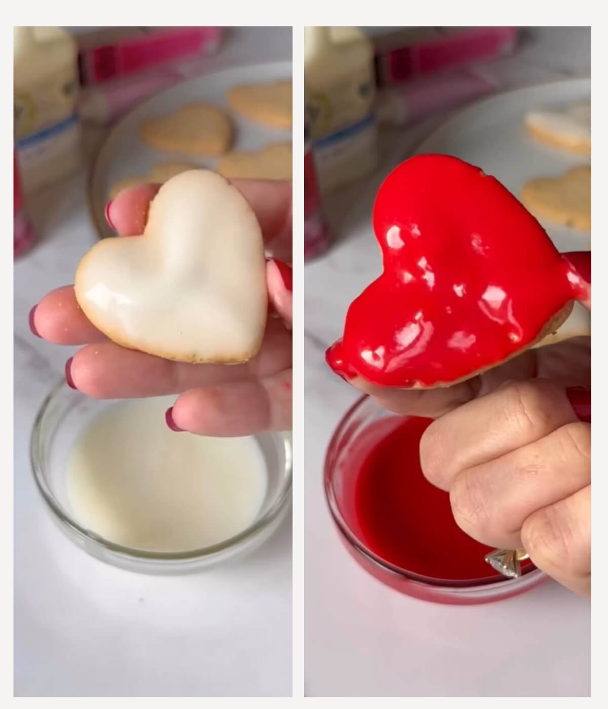 A two-picture collage featuring heart-shaped cookies being iced. One cookie is dipped in white icing, while the other is dipped in red icing, both covering the entire surface evenly."






