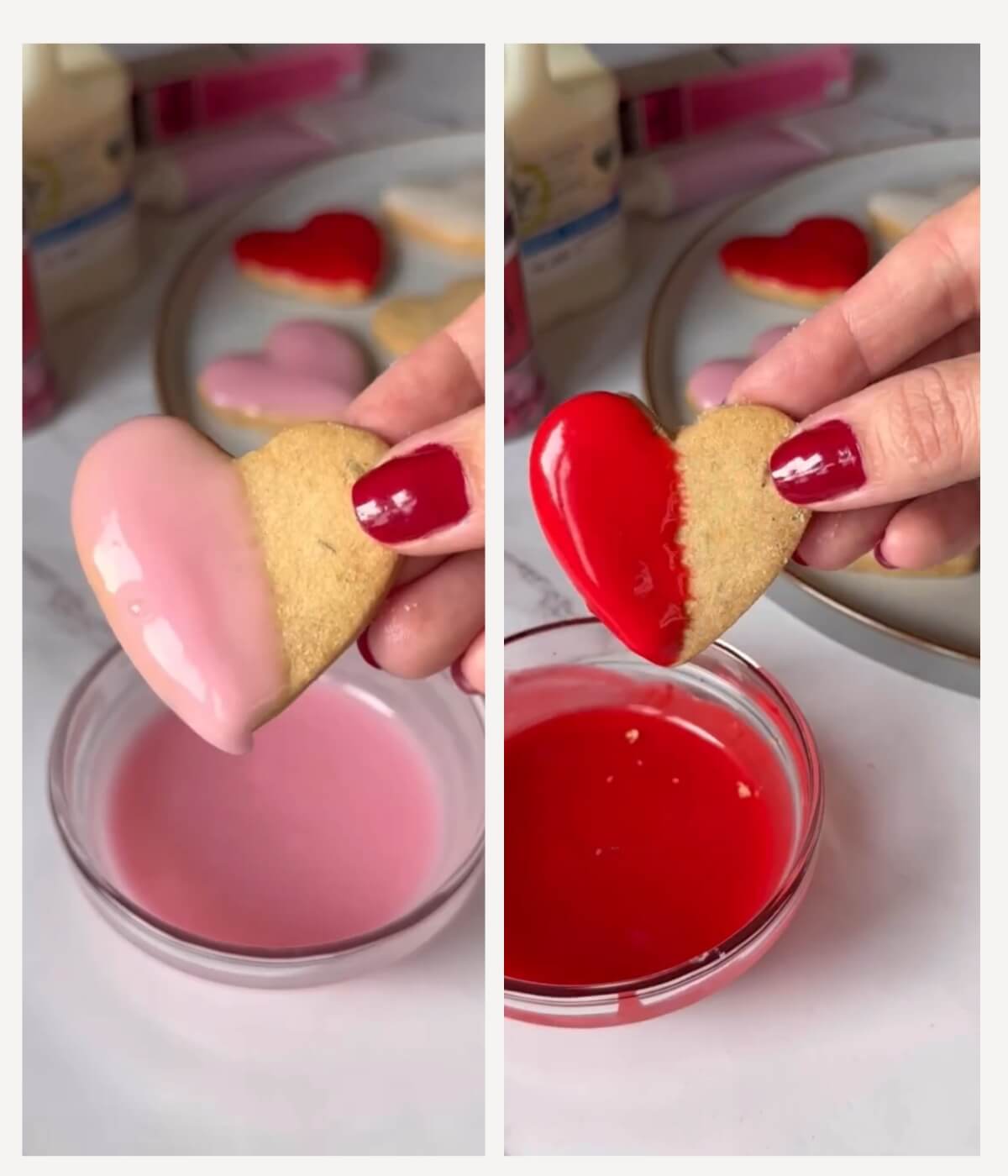 A two-picture collage showing one heart-shaped cookie dipped halfway in pink icing and another heart-shaped cookie dipped in red icing, both evenly coated