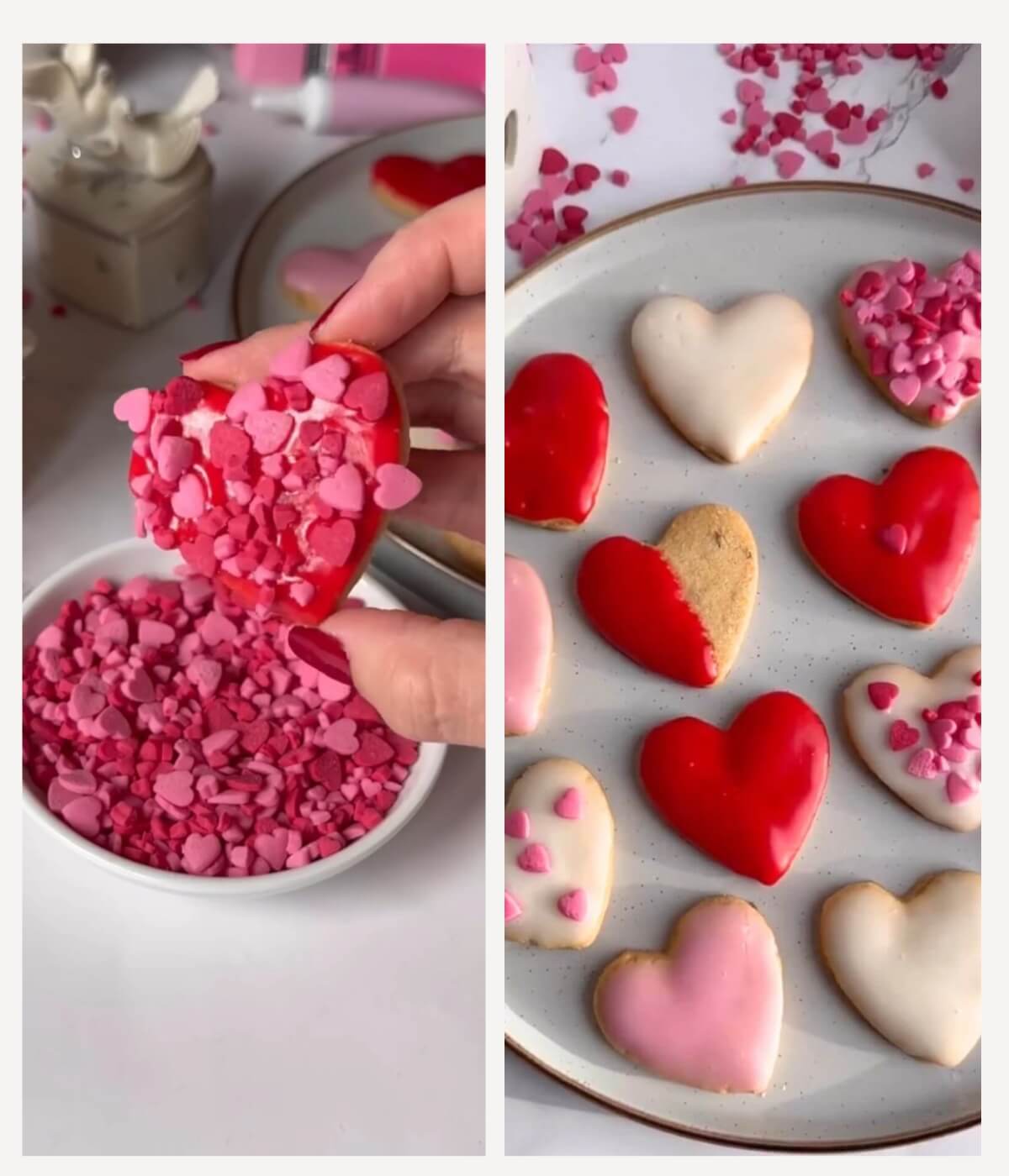 A two-picture collage: the first image shows a heart-shaped cookie fully dipped in red icing and topped with heart-shaped sprinkles, while the second image displays a plate of decorated heart-shaped cookies.