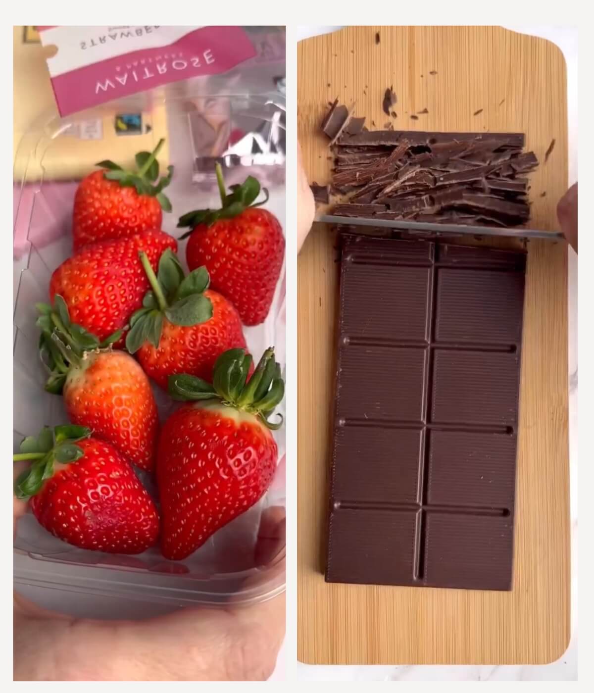 Collage featuring two images: one shows fresh strawberries and the other shows dark chocolate being chopped on a wooden board.