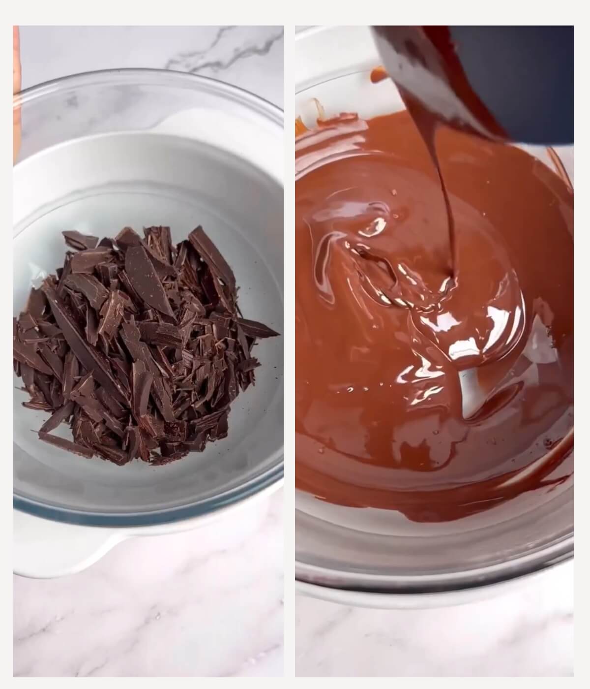 Collage of two images: one image shows chopped dark chocolate in a bain-marie, while the other displays melted dark chocolate in a glass bowl over a bain-marie.