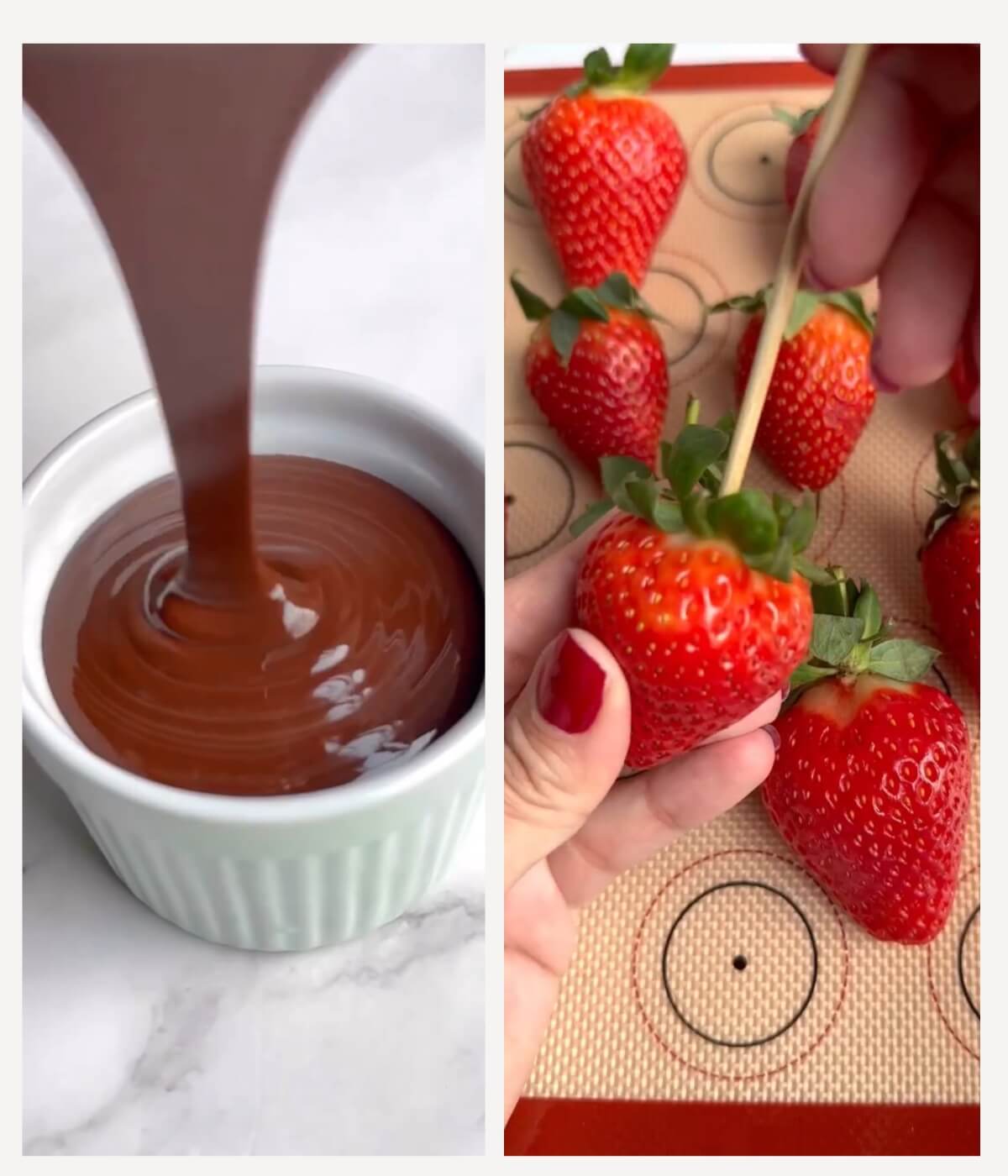 Collage of two images: the first image shows a strawberry on a wooden stick, and the second image features pouring melted dark chocolate in a small ceramic bowl.