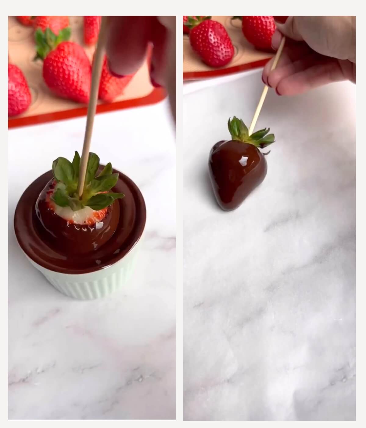 Collage of two images: the first image shows a fresh strawberry dipped in dark chocolate sauce, while the second image features the chocolate-coated strawberry on a white baking sheet, allowing the chocolate to set.