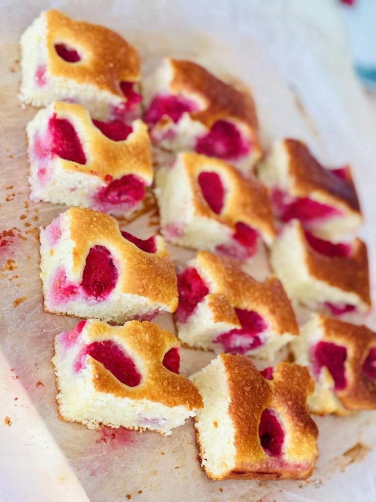 Square slices of Raspberry and Coconut Cake