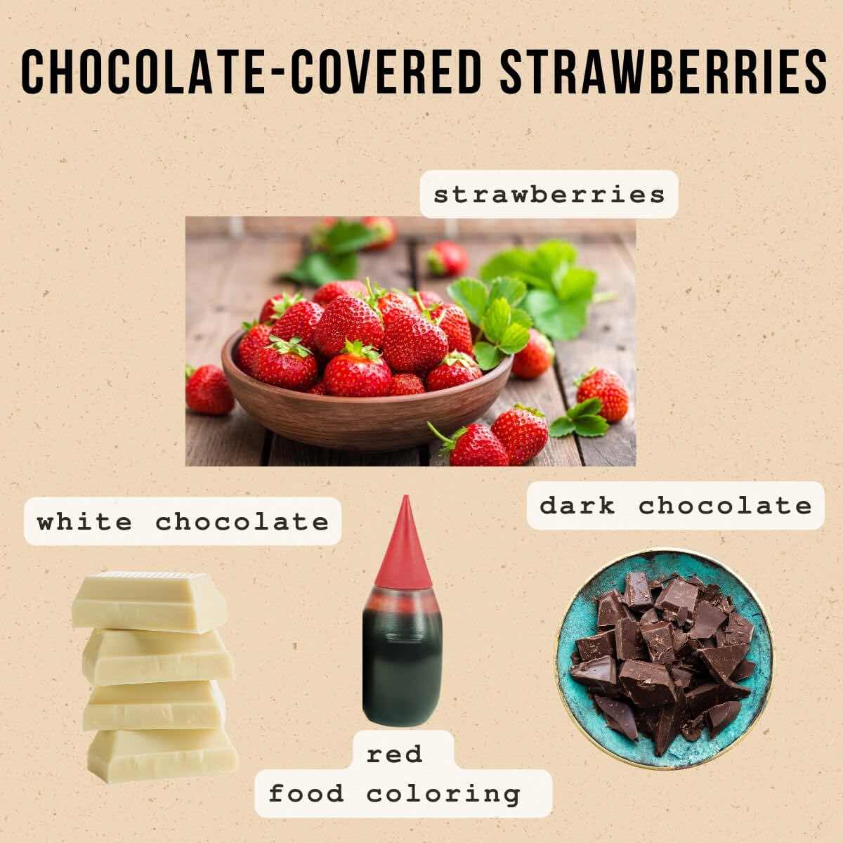 Ingredients for chocolate-covered strawberries: bowls of dark chocolate chunks, white chocolate chunks, pink food coloring, and fresh strawberries. 