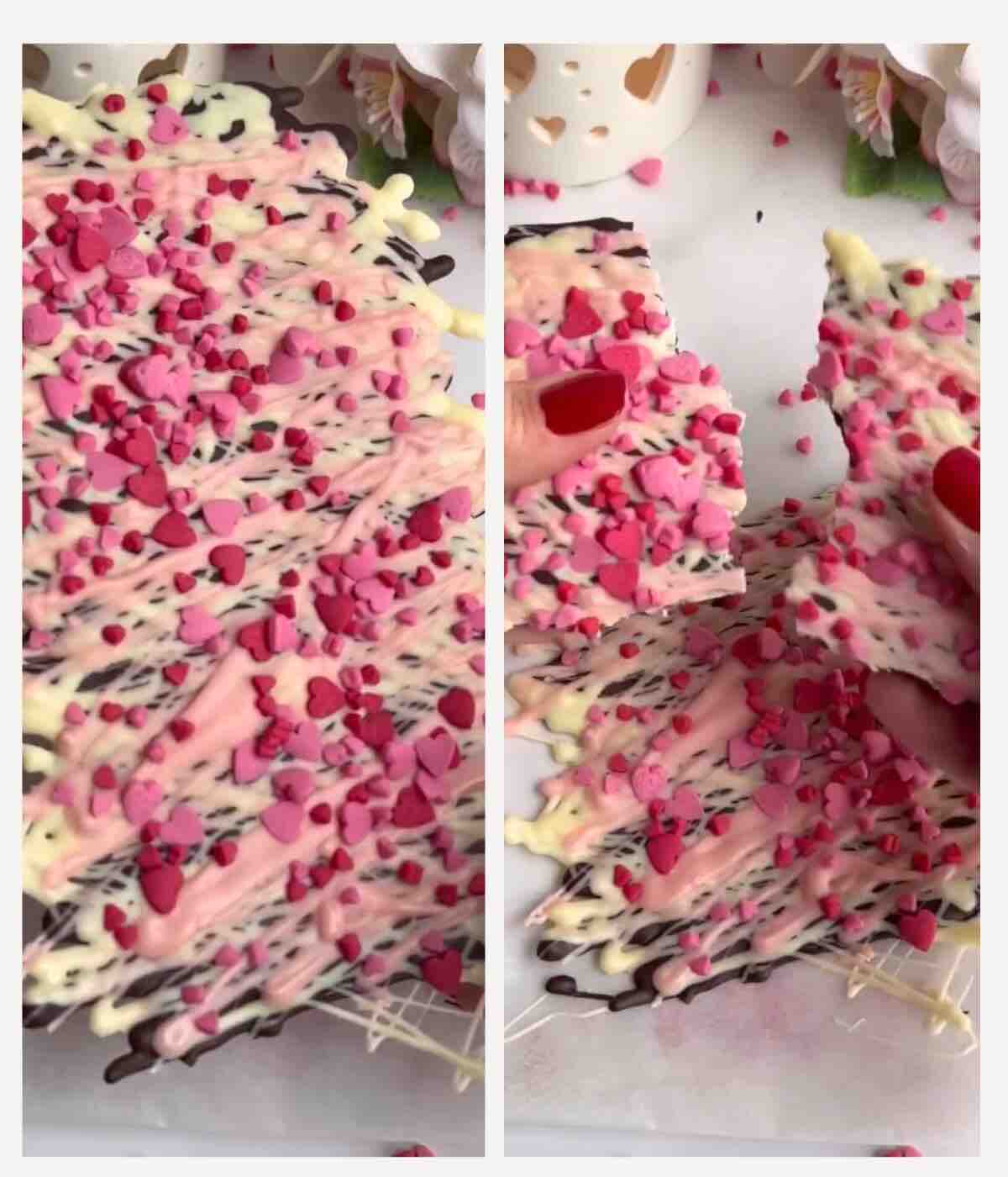 Dark chocolate being chopped on a wooden board and placed in a glass bowl.