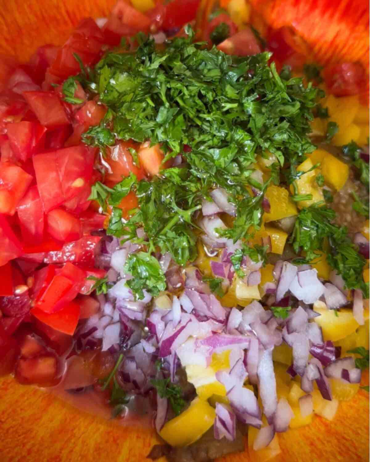 A bowl filled with grilled and chopped eggplants, diced yellow pepper, tomatoes, red onion, chopped parsley, lemon juice, salt, pepper, olive oil, and optional sumac, ready to be mixed.