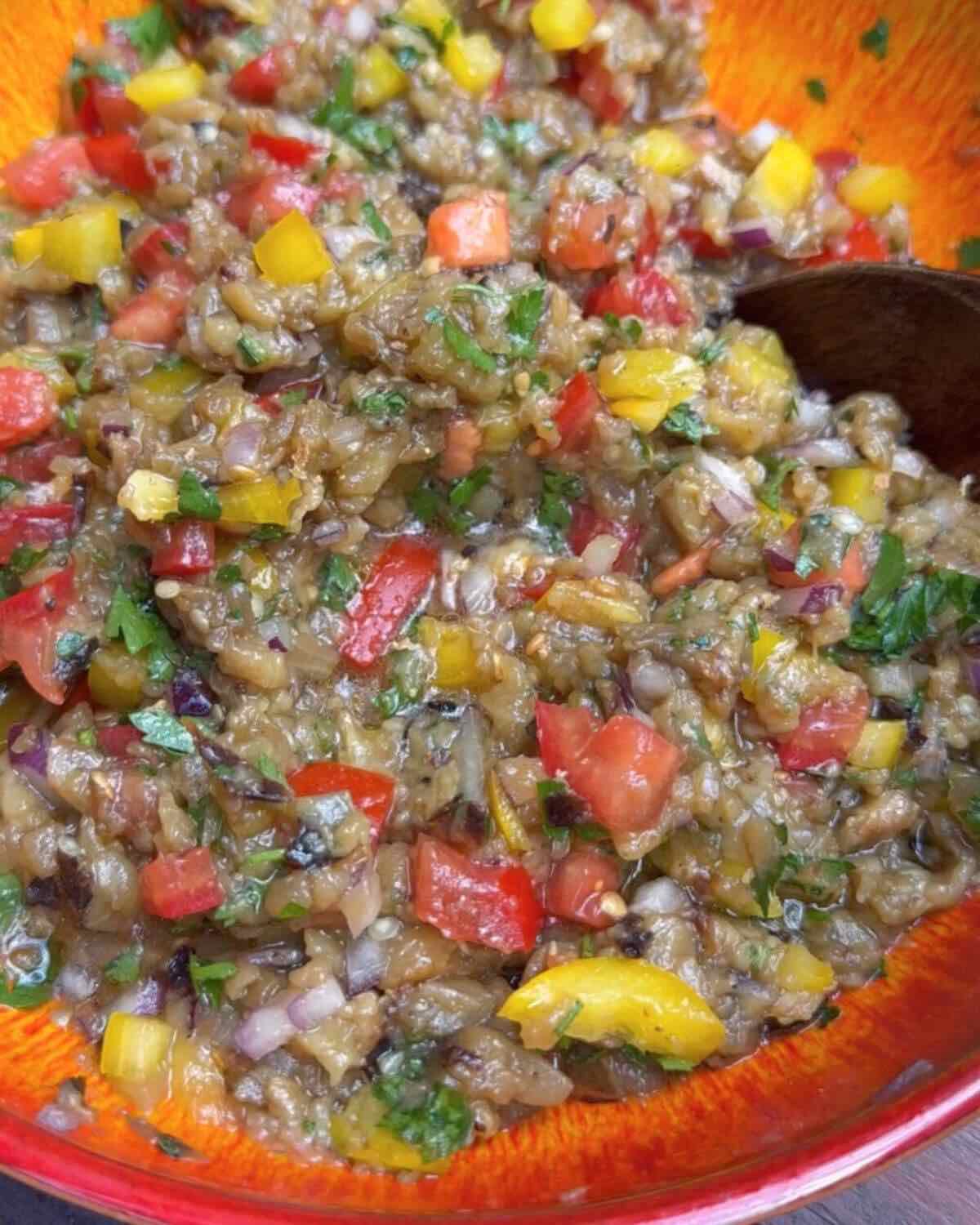 Smoky Roasted Vegetables with a Fresh Herb Dressing in a Bowl