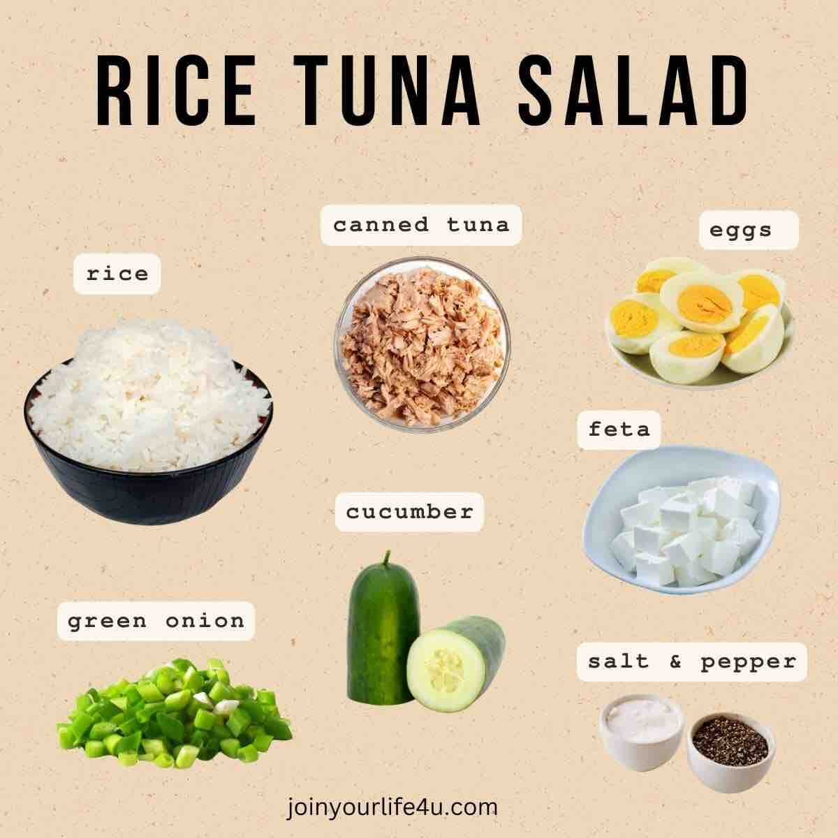 Ingredients in my quick and easy rice tuna salad recipe