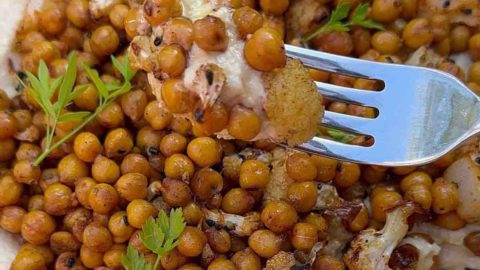 Spiced Roasted Cauliflower and Chickpeas and Creamy Hummus