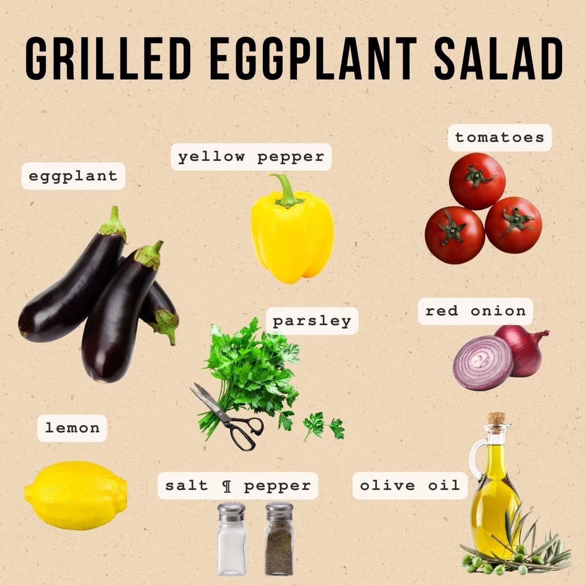 Ingredients for grilled eggplant salad, including grilled eggplants, diced yellow pepper, tomatoes, red onion, chopped parsley, lemon juice, olive oil, sumac, salt, and pepper.