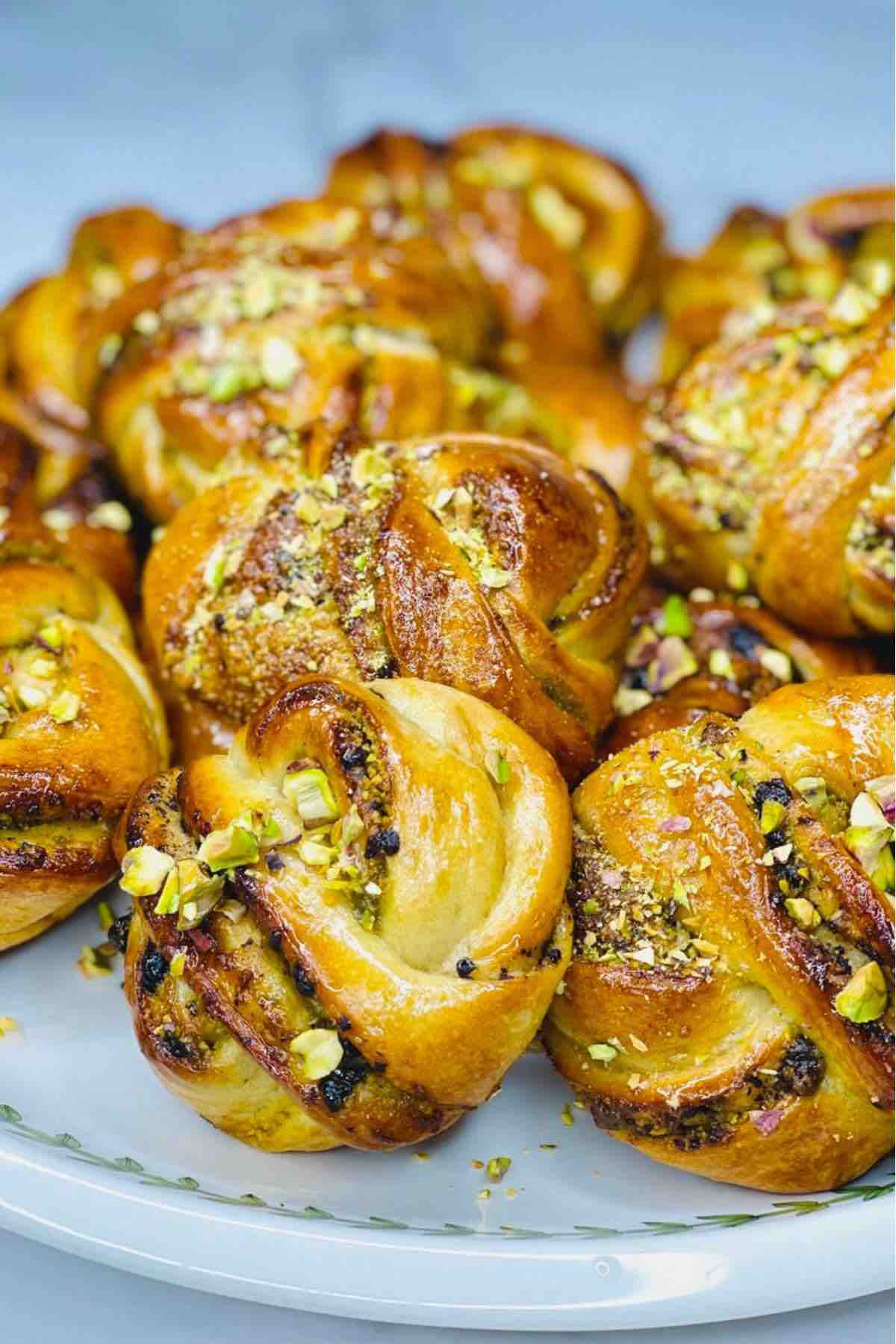 A platter filled with Pistachio babka buns