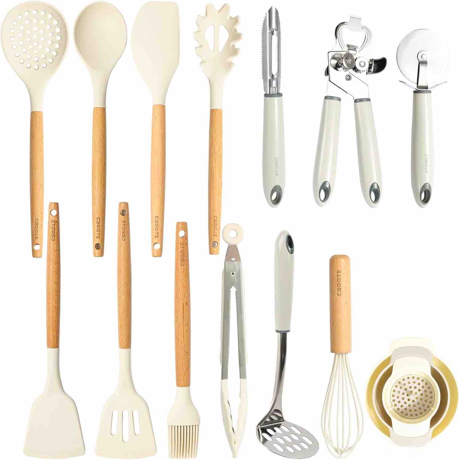 CAROTE Kitchen Utensil Set, Silicone Cooking Utensils Set, Heat Resistance Cooking Tools Spatula Set with Wooden Handle, 16 Pieces