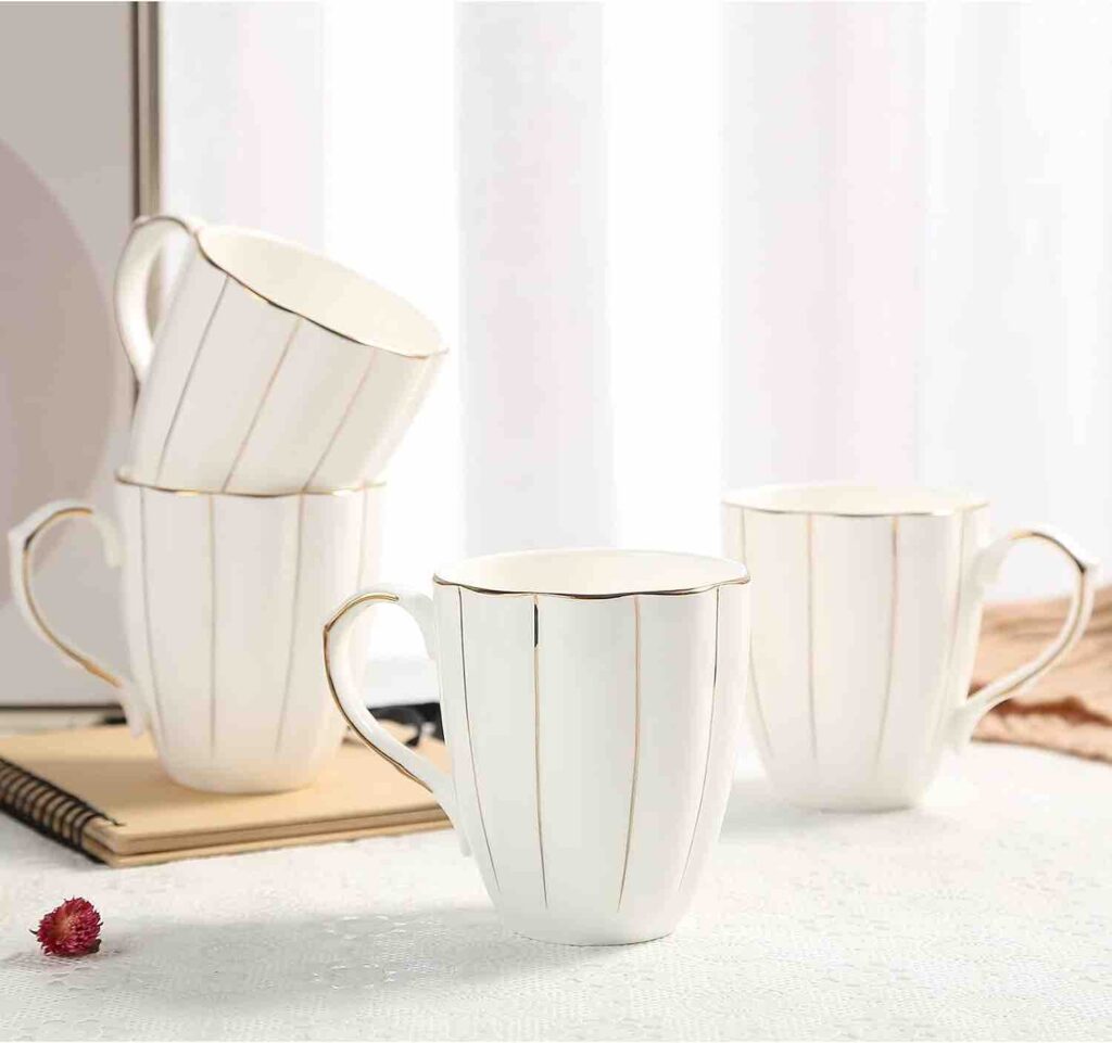 DUJUST Coffee Mug Set of 4(400ml), Luxury British Design with Handcrafted Golden Trims, 1st-Class Bone-china White and Gold Cup Set for Coffee, Tea&Milk, Beautiful&Graceful Top Fine Porcelain Cups