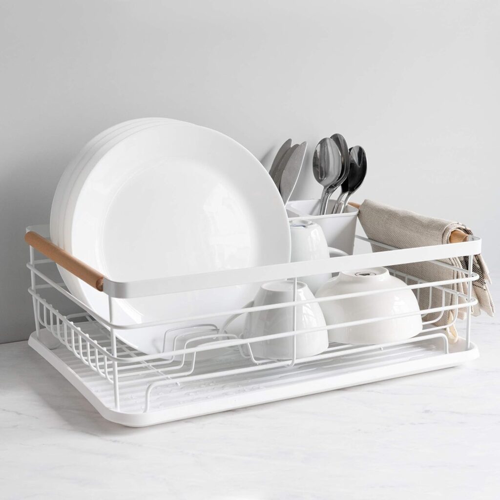 Navaris Dish Drainer Rack - Plate, Cutlery, Pots and Pans Drying Rack for Kitchen with Beechwood Handles - Modern Retro Design Drip Tray - White