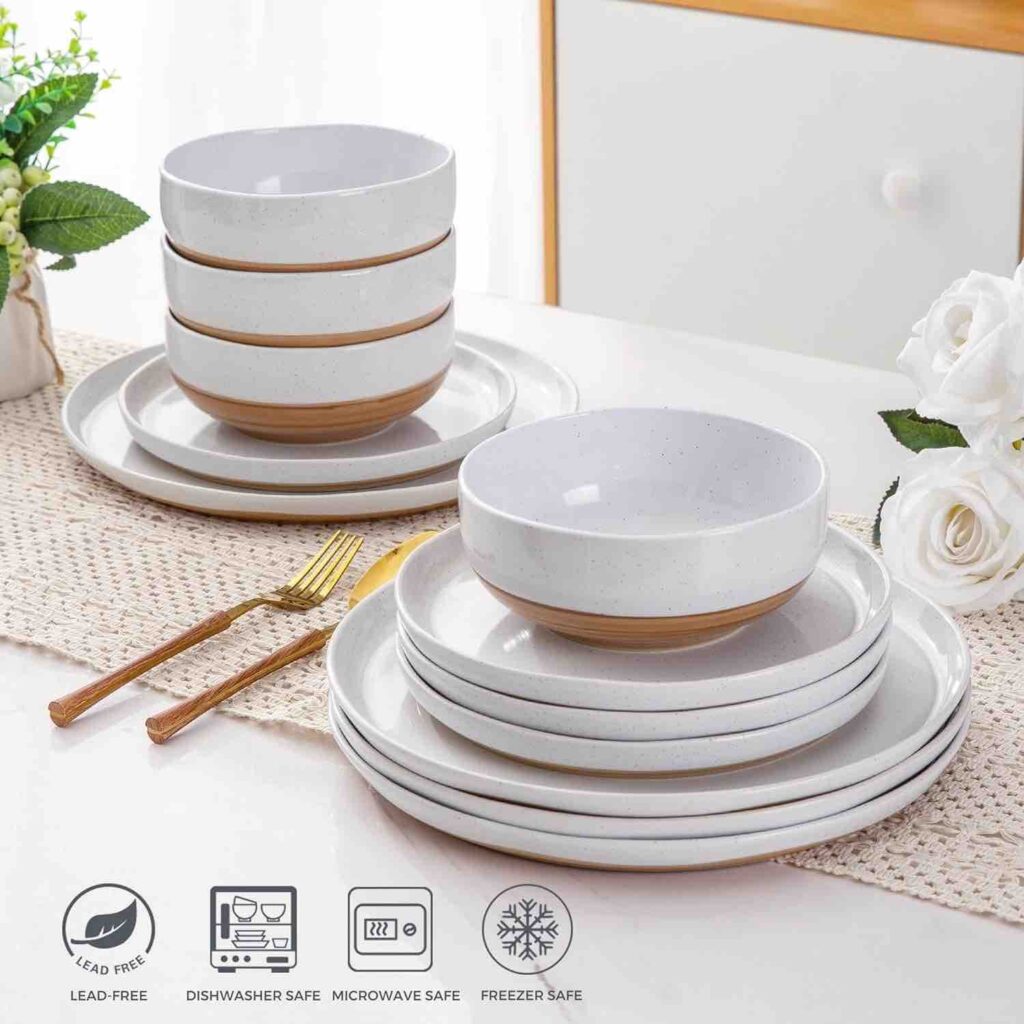 AmorArc Ceramic Dinnerware Sets for 4, 12 Pieces Handpainted Plates and Bowls Set with Rustic Terracotta Underside, Scratch Resistant Stoneware Dishes Set, Dishwasher & Microwave Safe, White