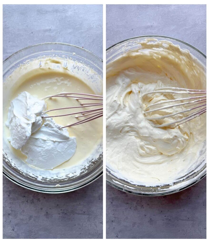 Mixing whipped egg whites into mascarpone cream, showing before and after fully incorporated results.