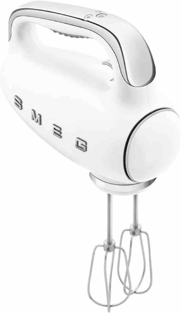 Smeg HMF01WHUK Hand Mixer with Turbo Function, 3 Attachments, LED Display, Retro 50's Style, 250W, White