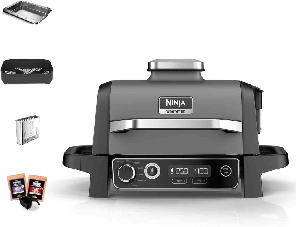 Ninja Woodfire Electric BBQ Grill & Smoker, 7-in-1 Outdoor Grill & Air Fryer, Roast, Bake, Dehydrate, Uses Woodfire Pellets, Weather Resistant, Non-Stick, Portable, Electric, Grey/Black, OG701UK