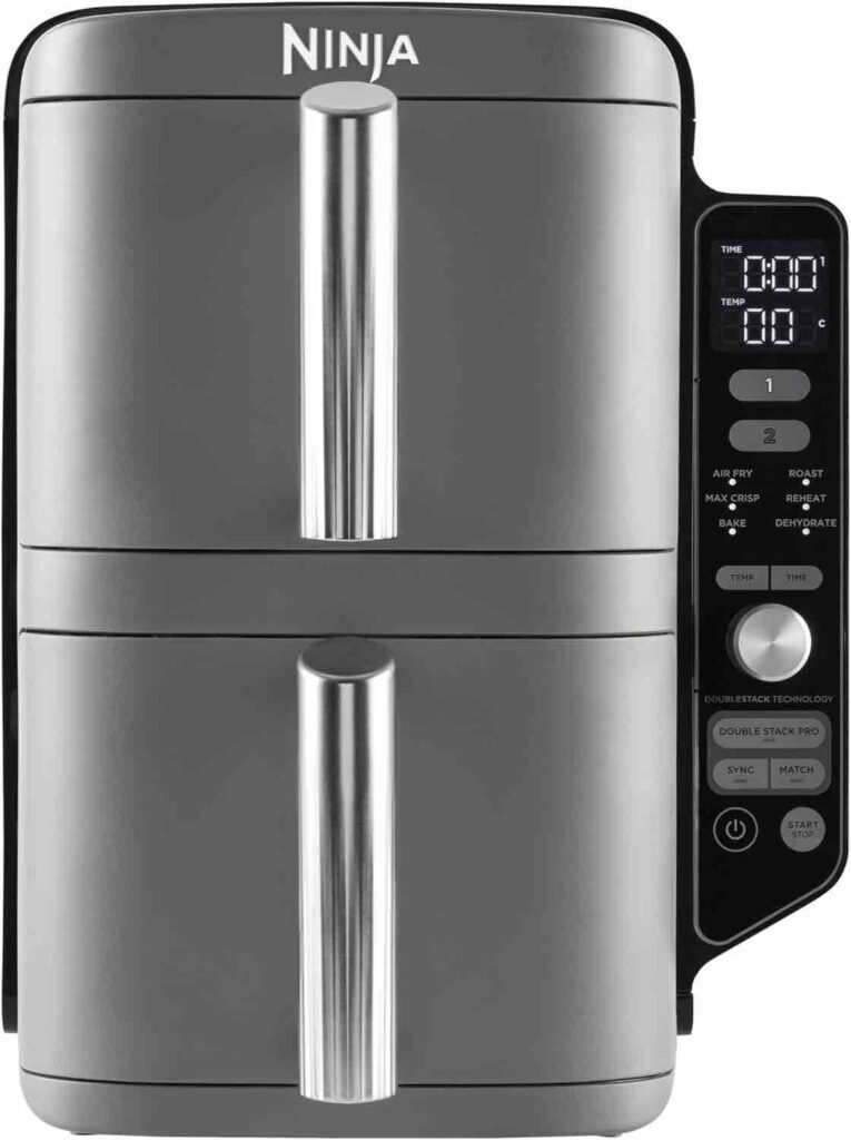 Ninja Double Stack XL Air Fryer, Vertical Dual Drawer AirFryer with 4 cooking levels, 2 Drawers and 2 Racks, Space Saving Design, 9.5L Capacity, 6 Cooking Functions, 8 Portions, Grey, SL400UK