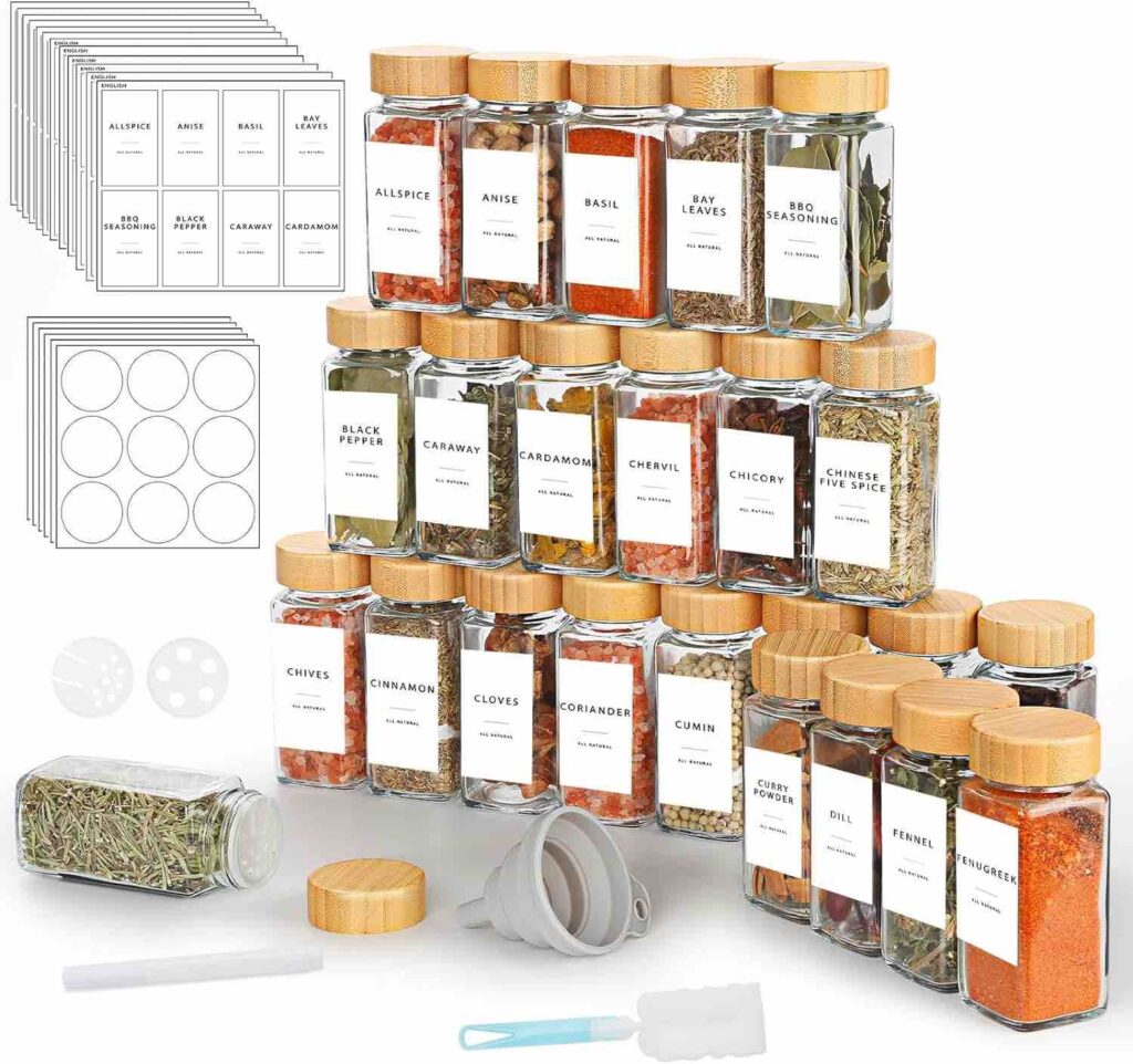Vmglgig 24 Spice Jar, 120ml Kitchen Glass Spice Jars with Bamboo Lids,Spice Bottles for Home Kitchen Spice, Spice Containers with 246 Label, Pen, Hose Brush, Silicone Funnels (24)