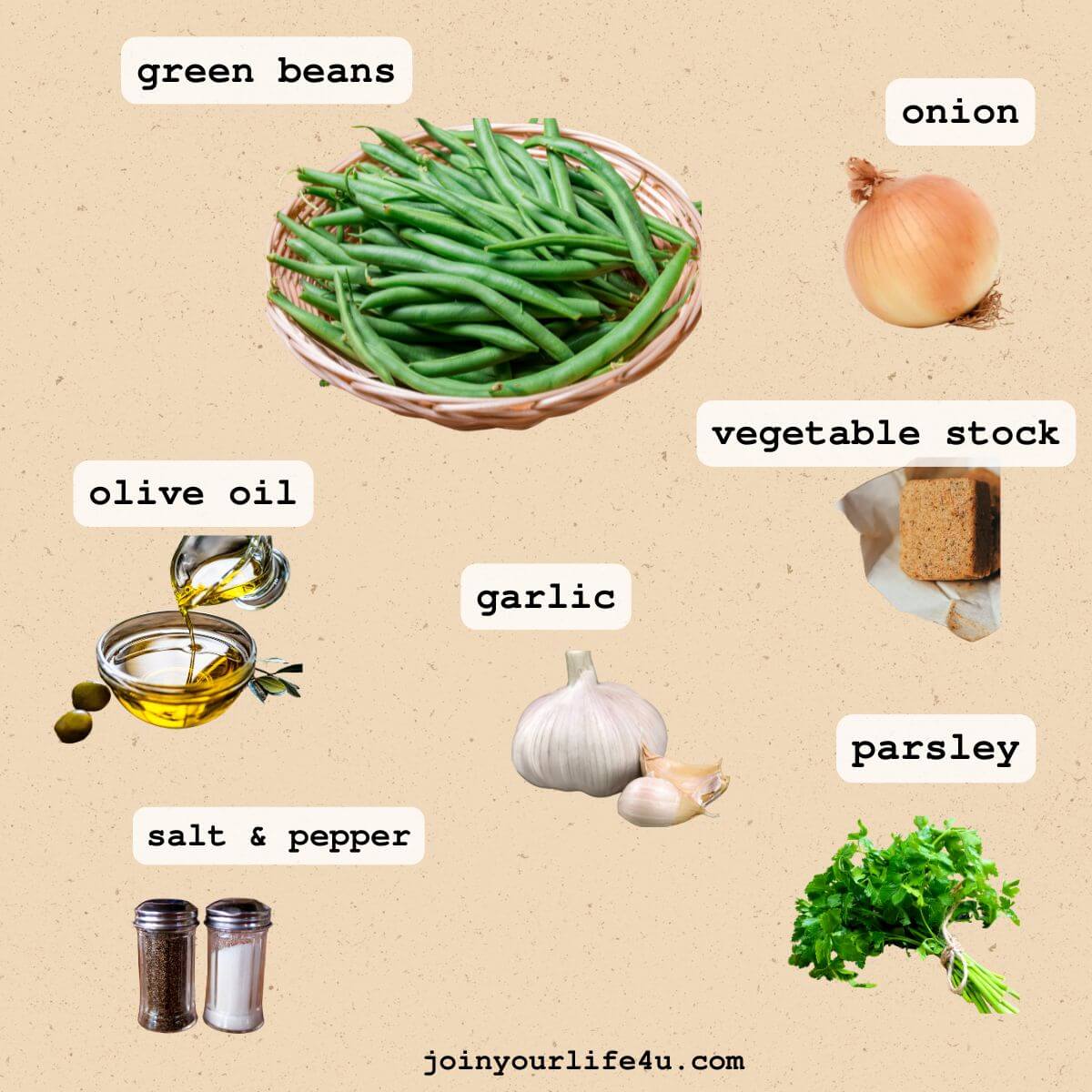 Labelled ingredient shot to make Sautéed Green Beans with Garlic. 