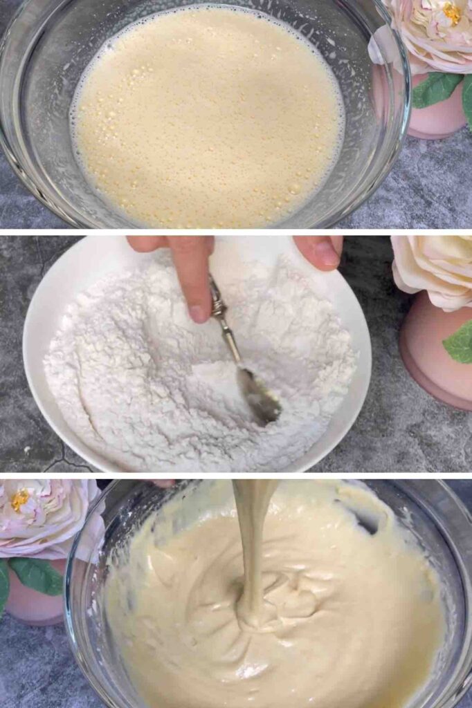 A collage of three process photos for making Apple and Raisin Bundt Cake with caramel drizzle. The first photo shows a glass bowl filled with mixed wet ingredients. The second photo features a white bowl with dry ingredients being mixed in with a spoon. The third photo displays the creamy batter after combining the wet and dry ingredients.